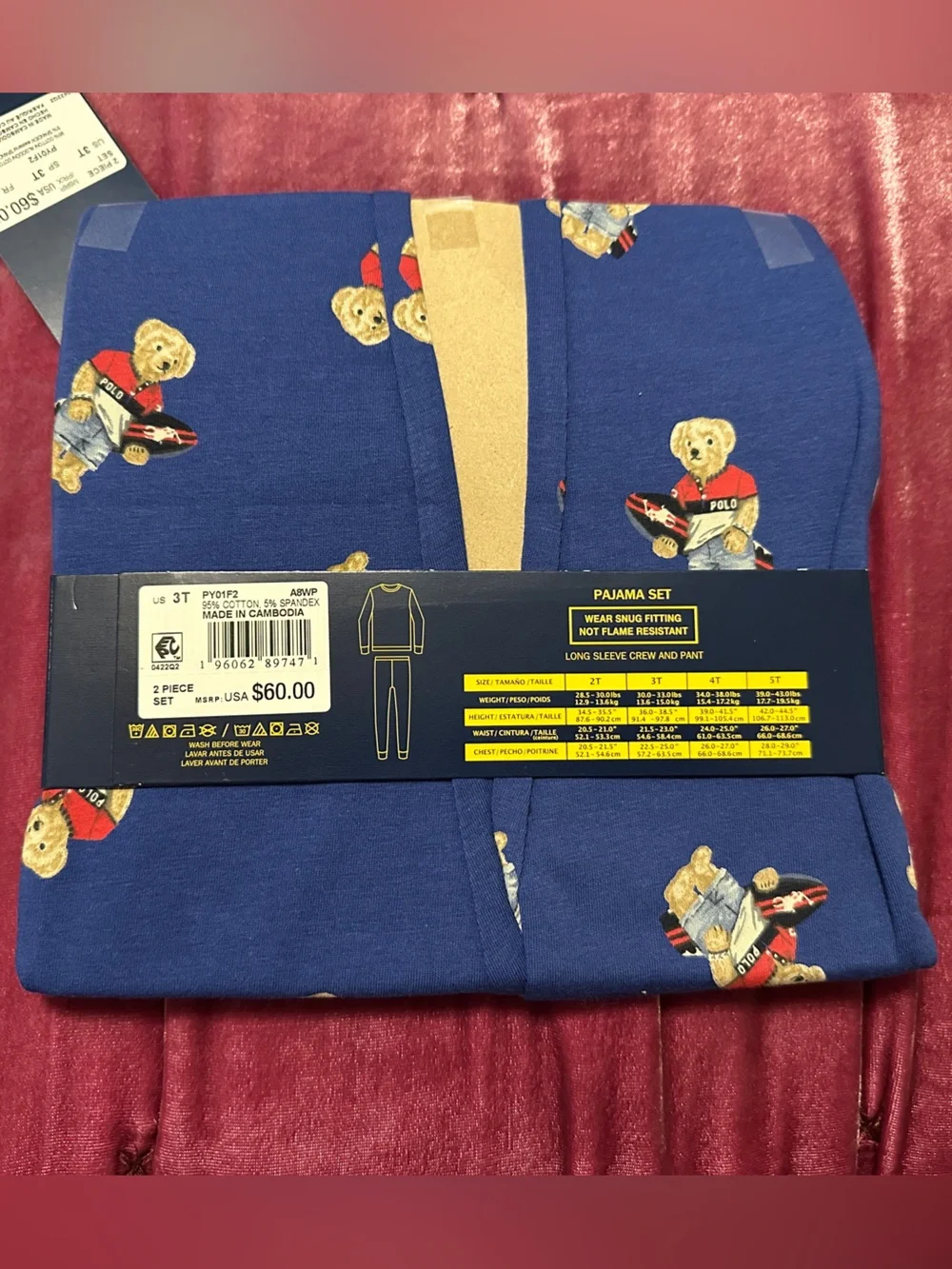 Polo by Ralph Lauren Navy Surf Bear Kids Fitted Pajama Set NWT 3T / Child 6